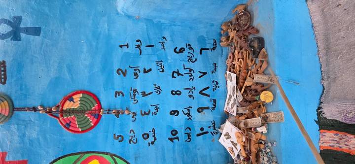 Blue painted wall featuring hand-painted Nubian numbers, a colorful hanging bead decoration, and assorted wooden trinkets on a ledge.