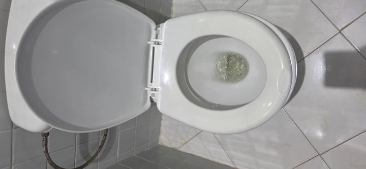Close-up of a toilet bowl and tiled bathroom floor.