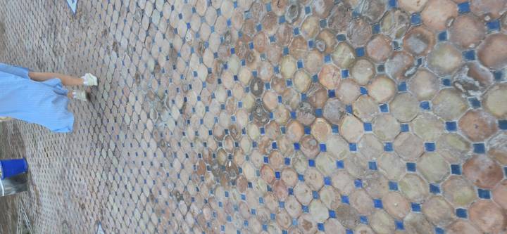 Patterned outdoor mosaic walkway with a person’s lower legs and flowing dress in motion.
