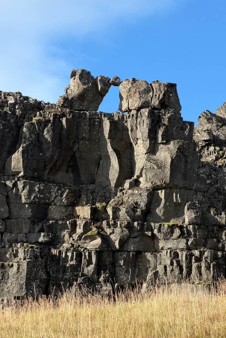 Close detail of dark basalt rock cliffs with deep vertical fissures lit by sun.