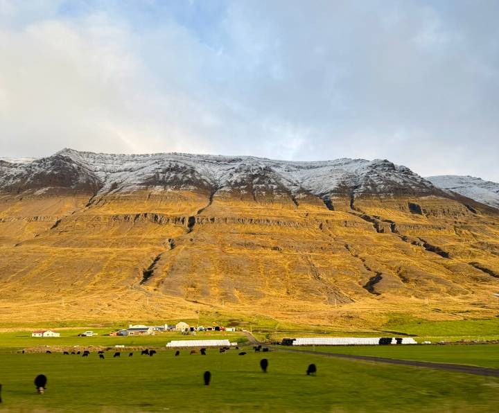 Massive golden cliff face with streaks of early snow towers above scattered farm buildings.