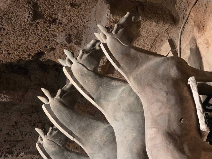 Stone Terracotta cavalry horses unearthed in a pit against a rough clay wall background.