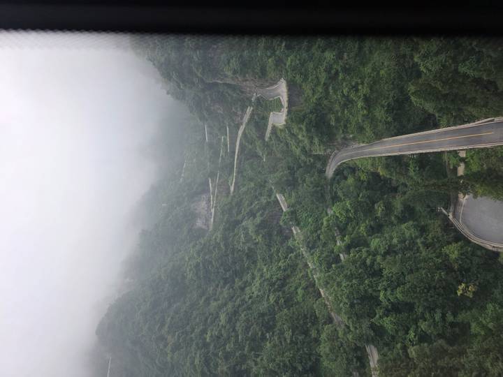 Snaking mountain road descending through lush green forest in dense mist.