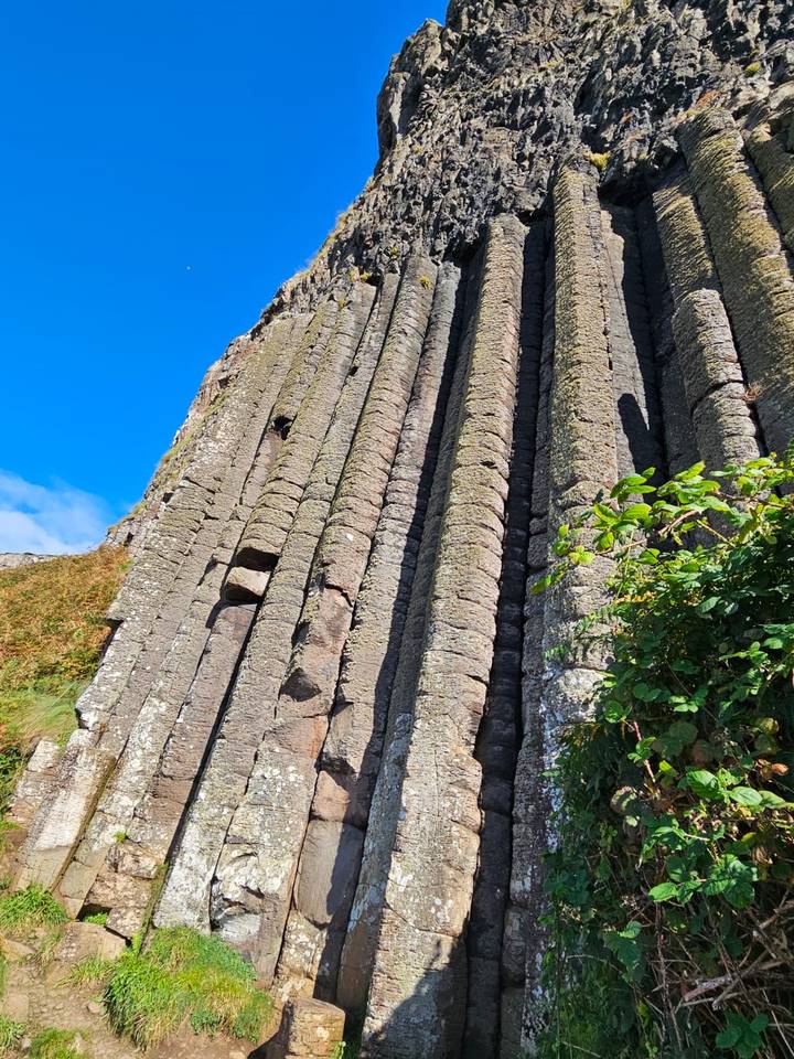 Massive basalt columns rise vertically at the dramatic Giant's Causeway coastline.