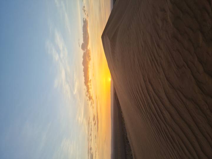 Golden sunset colours wash over rippled sand dunes on the edge of the Sahara Desert.