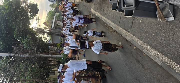 A ceremonial Balinese procession in traditional attire walks along a village road at dawn.