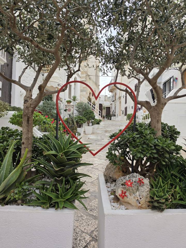 Decorative red heart frame looking onto a charming stone staircase lined with lush plants.