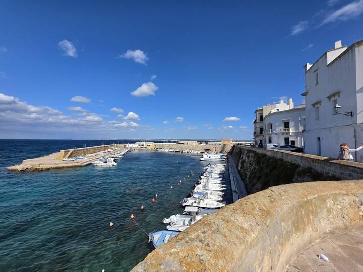 Bright blue harbour with small fishing boats moored along ancient sea walls on a clear day.