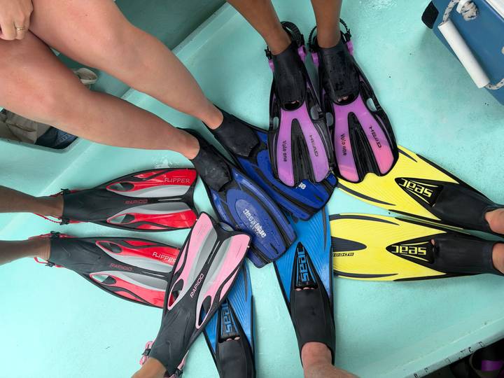 Collection of colorful snorkel fins and bare legs arranged in a circle on a boat deck.