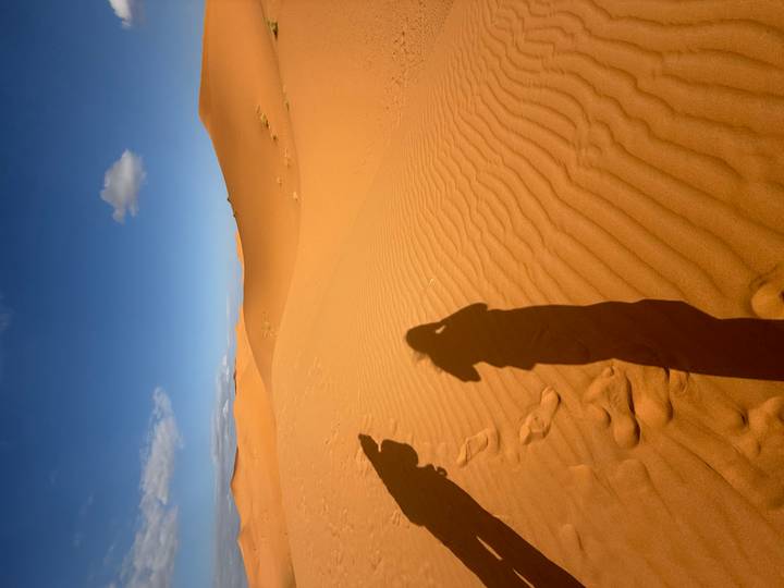 Long shadows of travellers cast across rippled orange dunes beneath a clear blue Moroccan sky