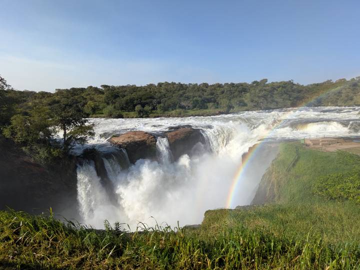 Powerful waterfall plunging into a gorge with mist and a vivid rainbow arching over the scene.