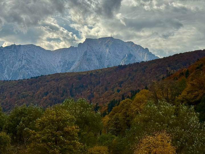 Autumn forest in foreground with towering snow-dusted peak under dramatic clouds.