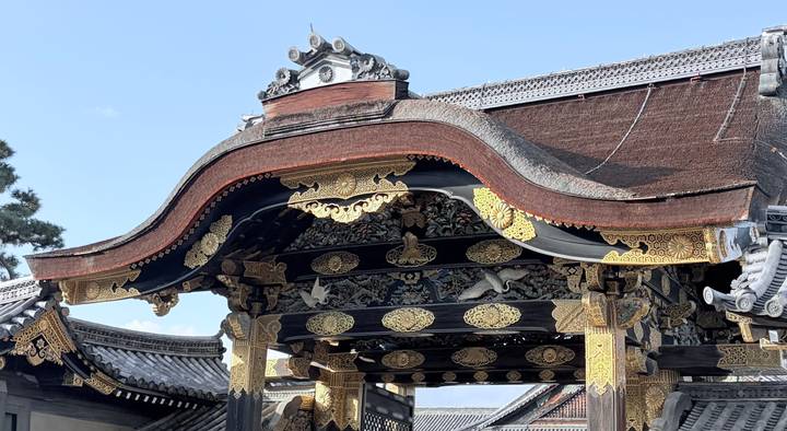 Decorative gilded entrance gate with ornate woodwork at a Japanese castle or temple.