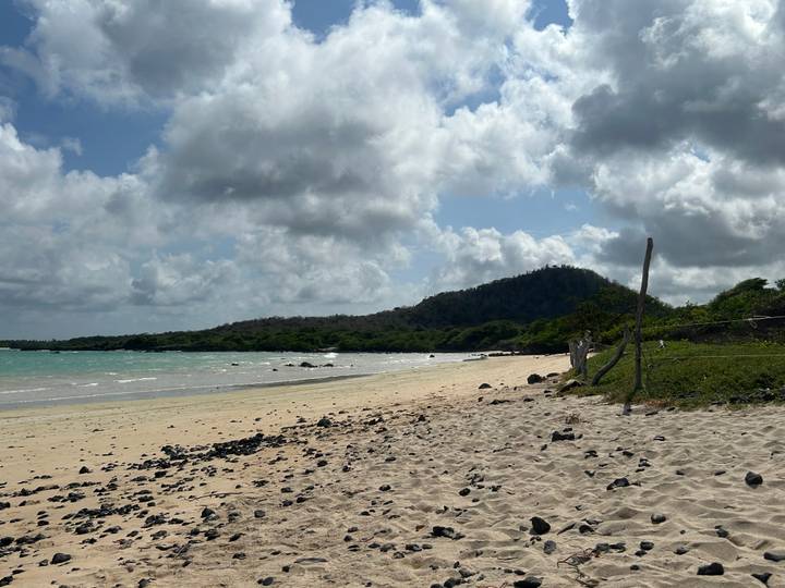 Quiet sandy beach with turquoise water, black volcanic rocks and a forested hill beneath a cloudy sky.