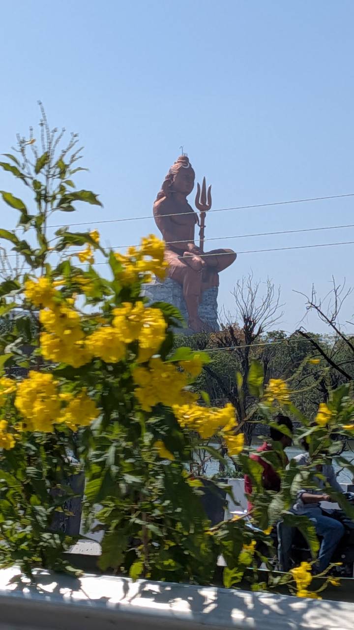 Distant large seated statue seen beyond blurred yellow flowers and overhead power lines under clear sky.