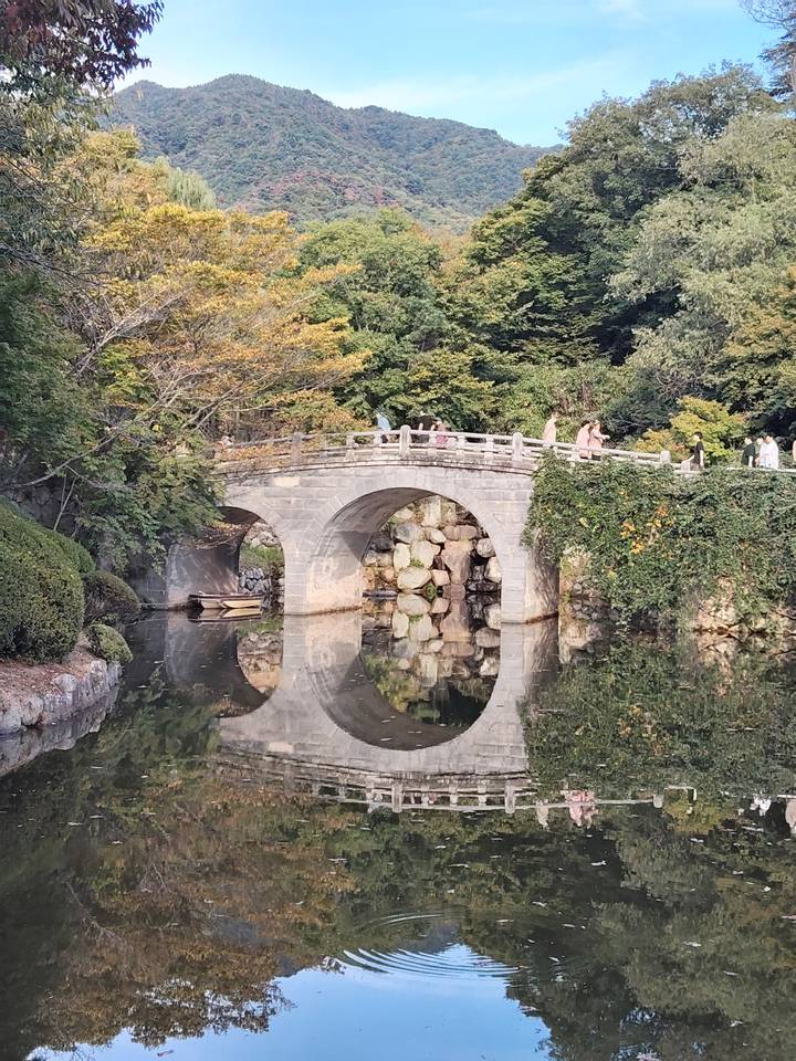 Stone arched bridge across a reflective garden pond surrounded by lush foliage and strolling visitors.