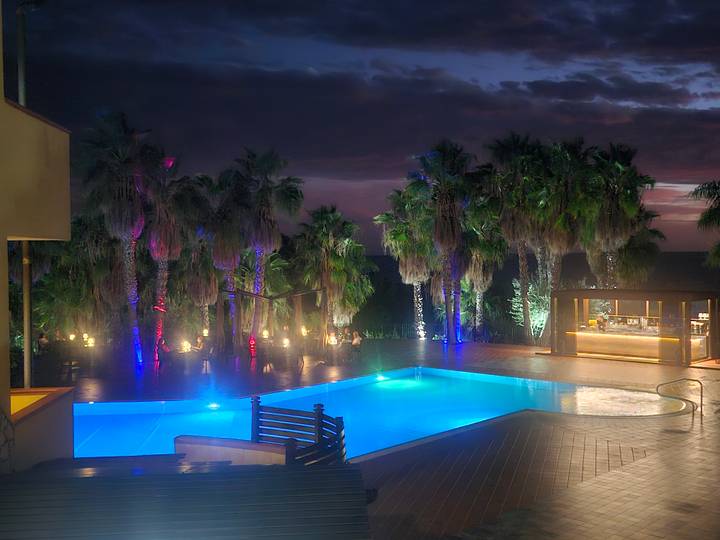 Nighttime hotel pool illuminated in blue surrounded by palm trees lit with colourful accent lights.