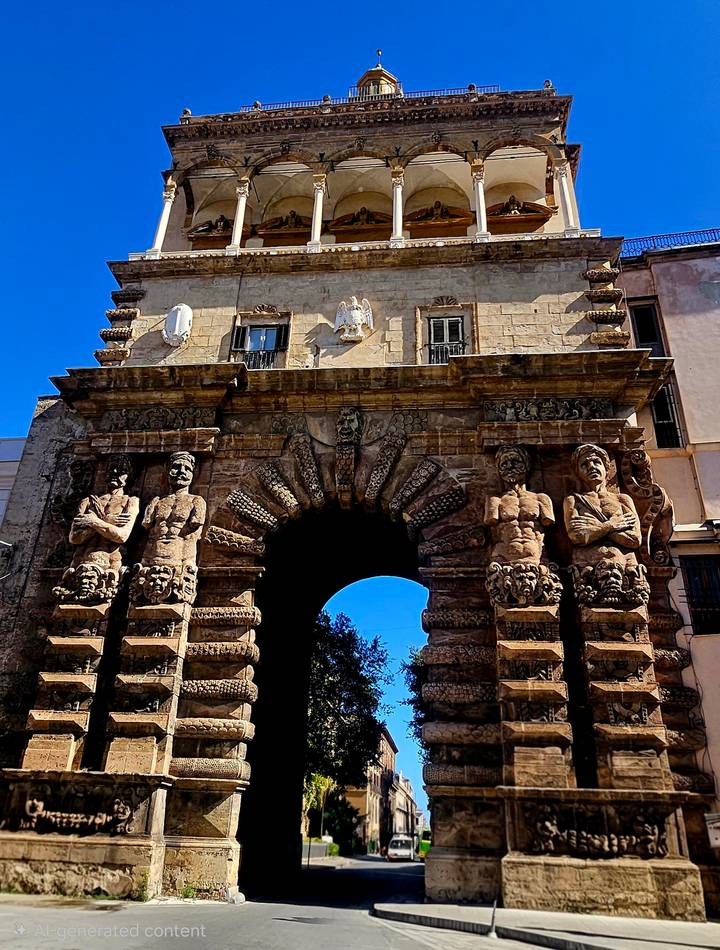 Massive stone city gate adorned with sculpted figures and lion heads under a clear sky.