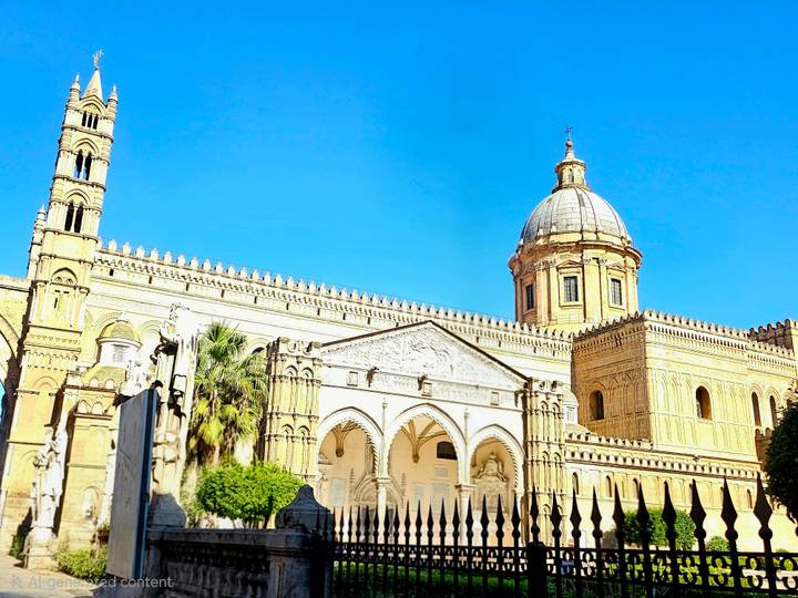 Sunlit façade and dome of Palermo Cathedral standing against a bright blue sky.