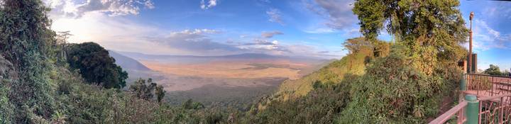 Panoramic view from the rim overlooking the vast Ngorongoro Crater bathed in afternoon light.