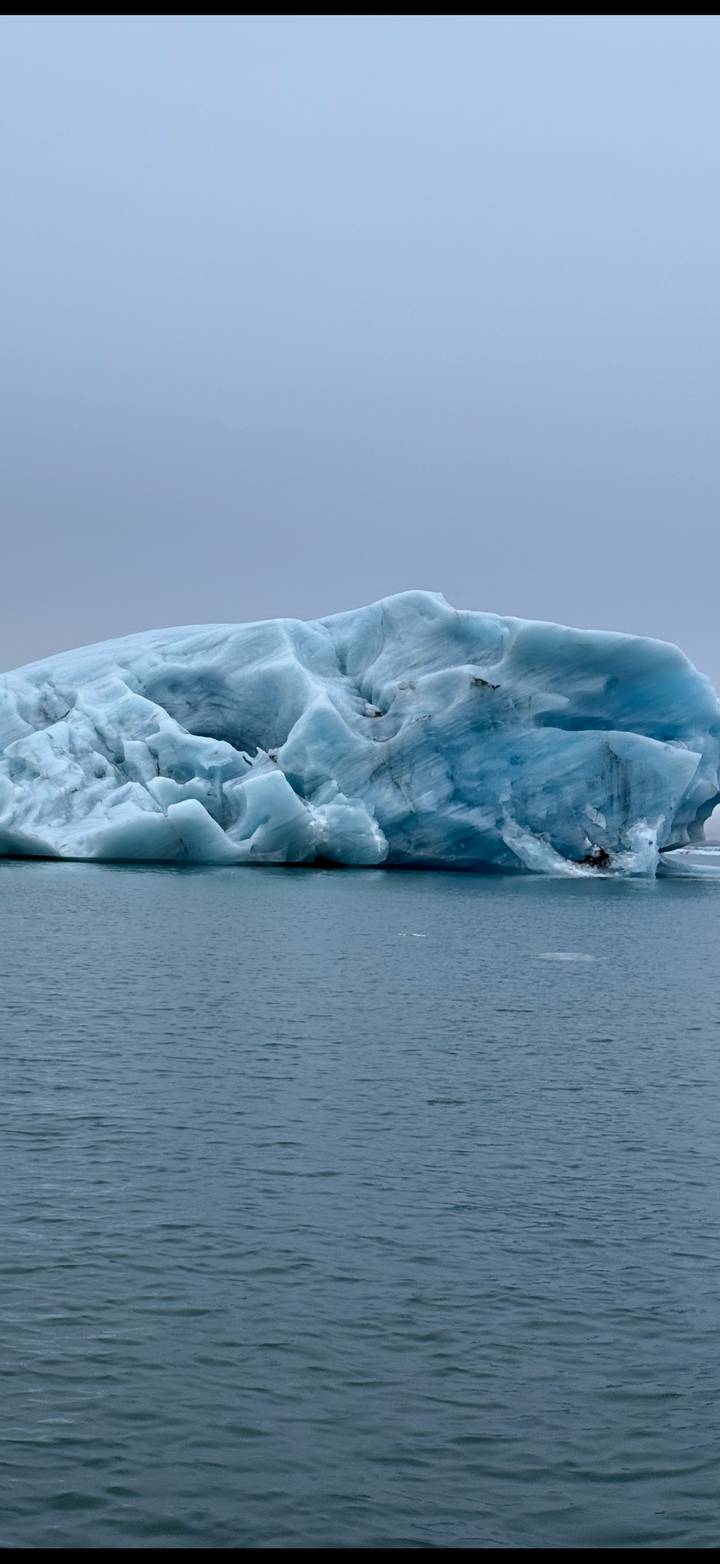 Massive blue iceberg with sculpted shapes floating in still water.