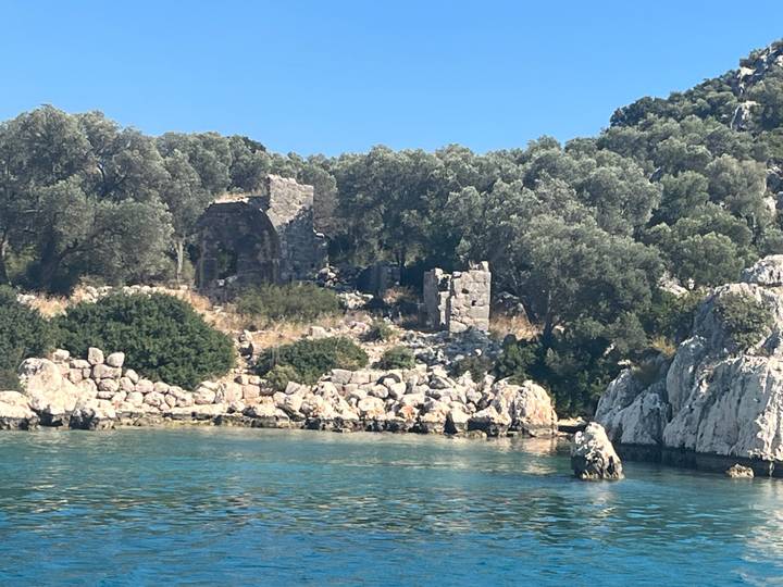 Ancient stone ruins nestled among olive trees on a rocky shoreline with turquoise water.