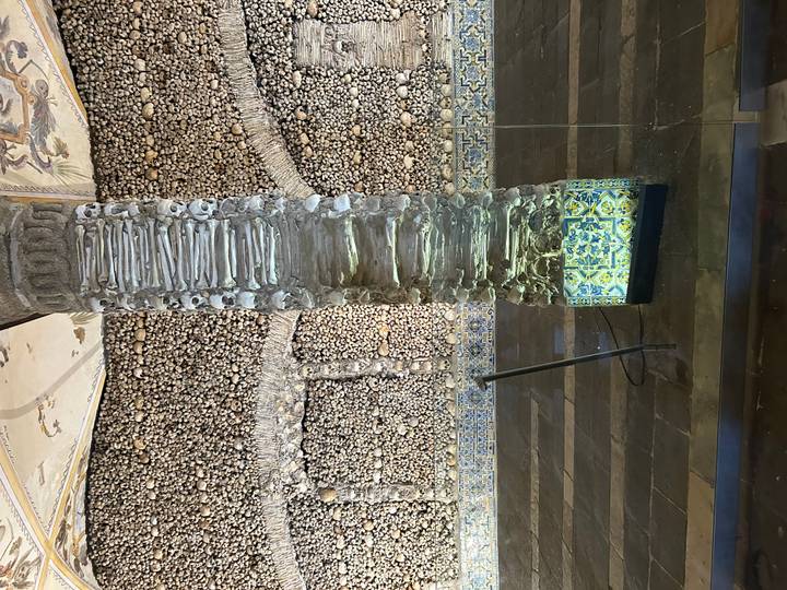 Interior pillar stacked with human bones inside the famed Chapel of Bones