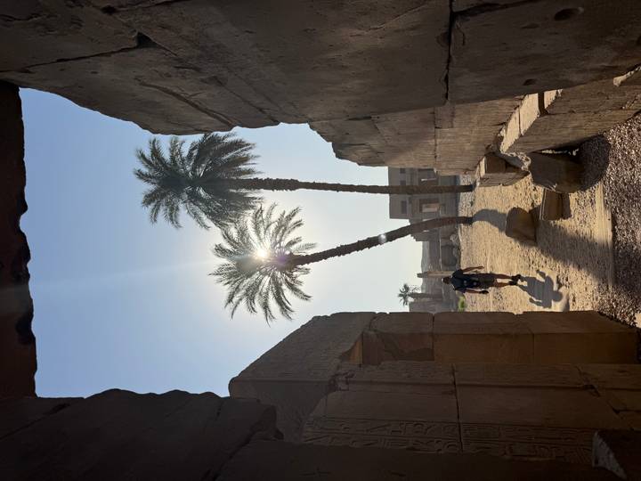 Traveller walking through sun-lit temple ruins with tall palm trees and bright sunburst