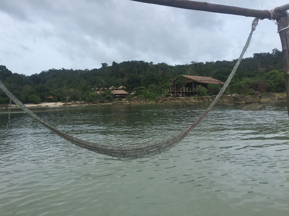 A hammock stretched near a shoreline with trees.