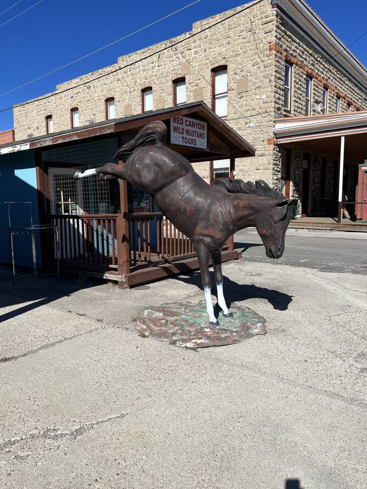 Statue de bronze d'un cheval devant un bâtiment historique.