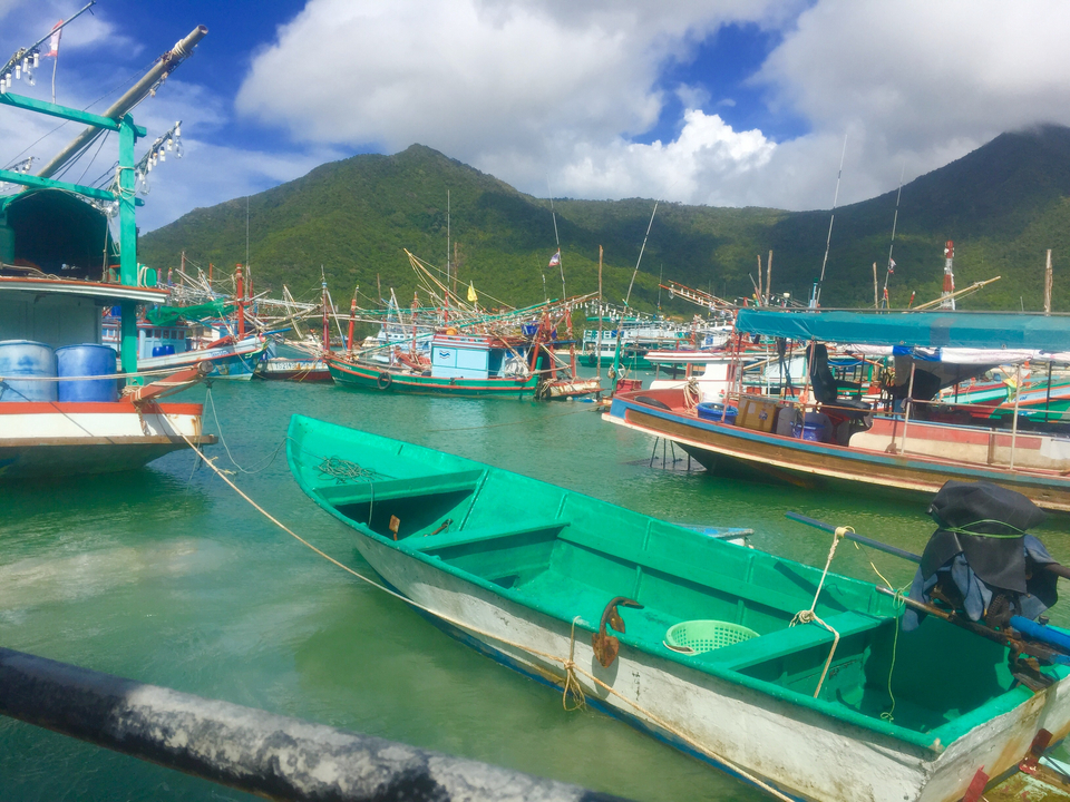 Fishing boats in a harbor with mountains in the background.