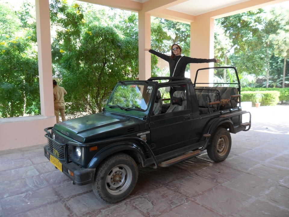 Woman stands on an open-top safari jeep with arms spread wide in excitement.