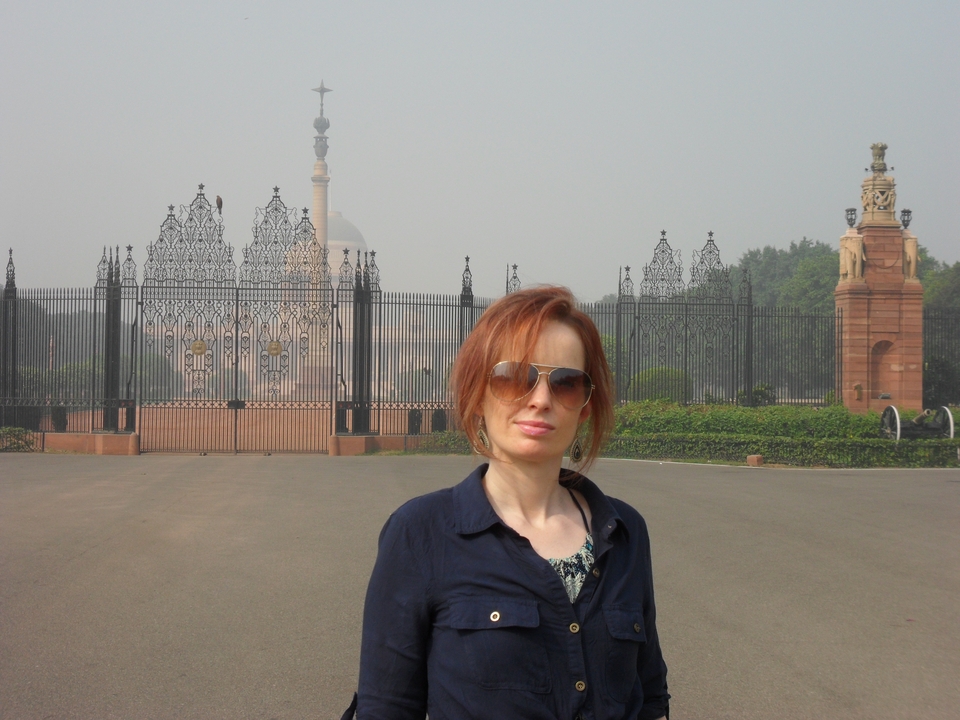 Traveler in sunglasses stands before ornate iron gates of a palace in hazy light.