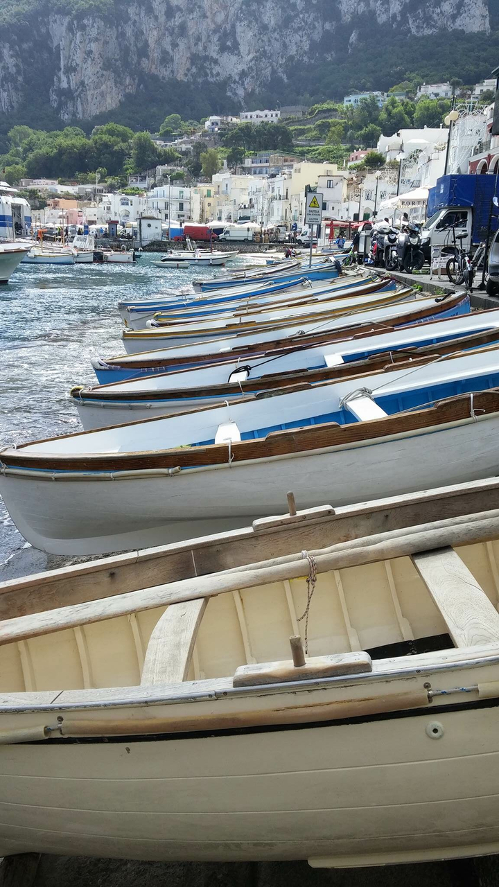 Rangée de petits bateaux alignés au bord de l'eau.