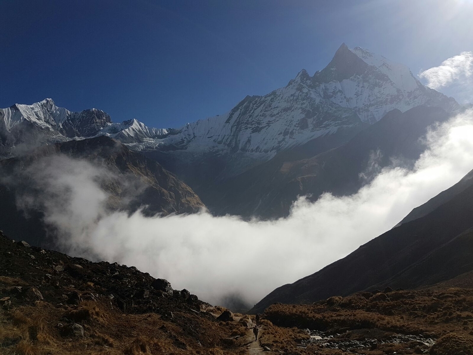 Le brouillard roule dans les vallées des montagnes enneigées.