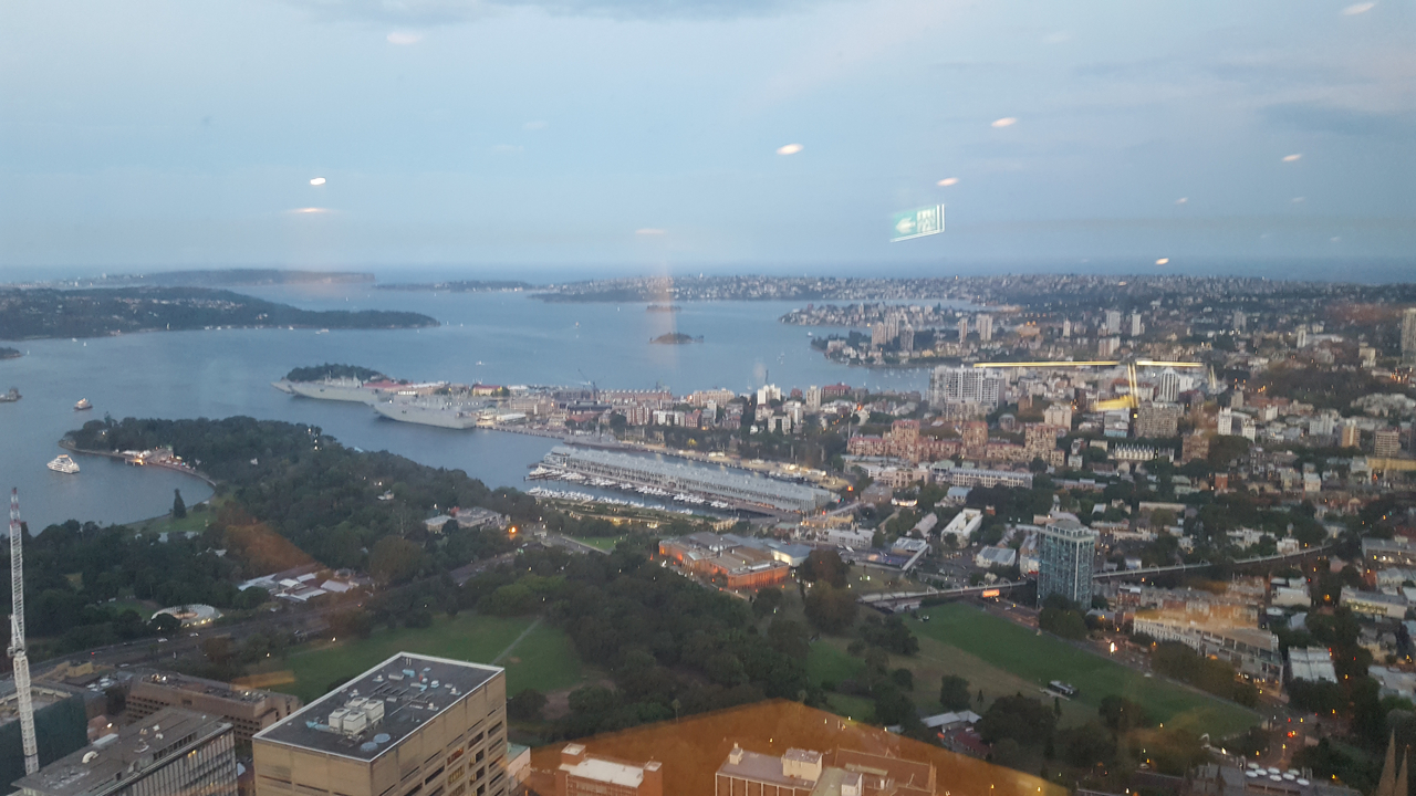Aerial view of a coastline with city and harbor.