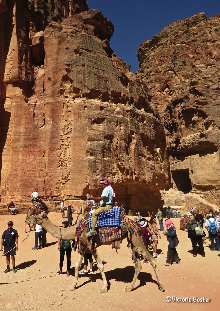 Touristes et habitants dans un quartier animé de Pétra à l'architecture taillée dans le roc.
