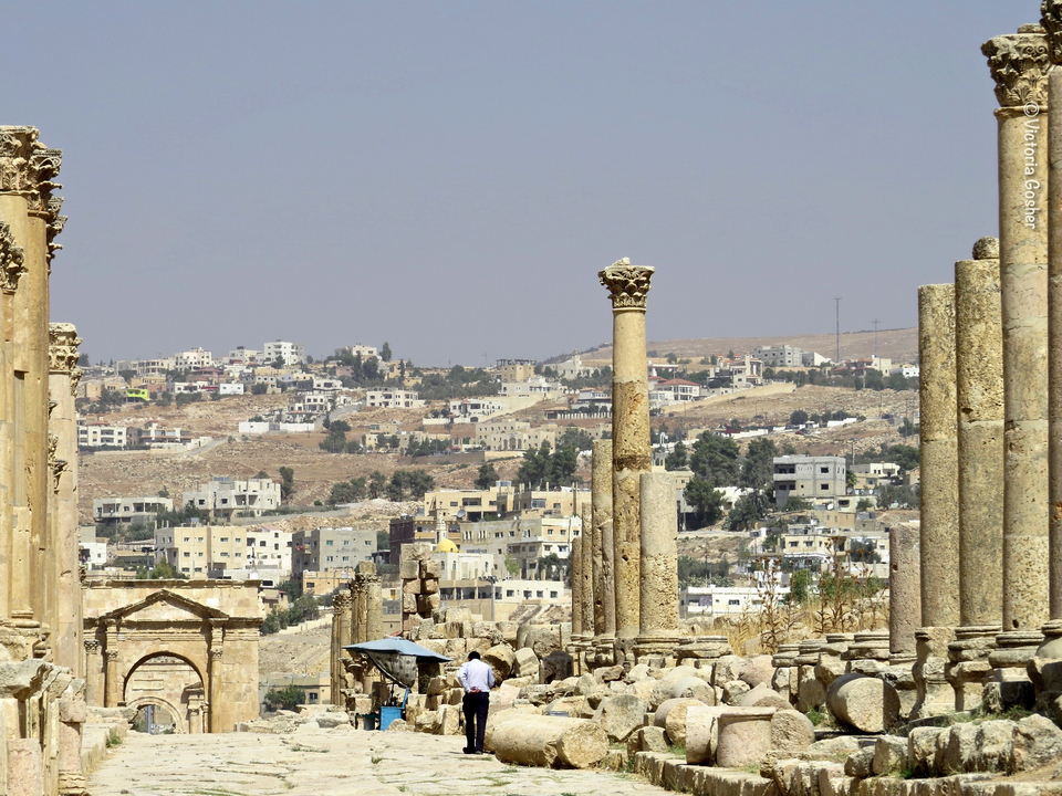 Colonnes d'un temple ancien avec un paysage urbain en arrière-plan.