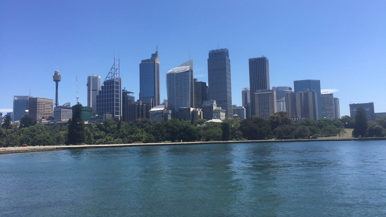 City skyline with tall buildings by the water