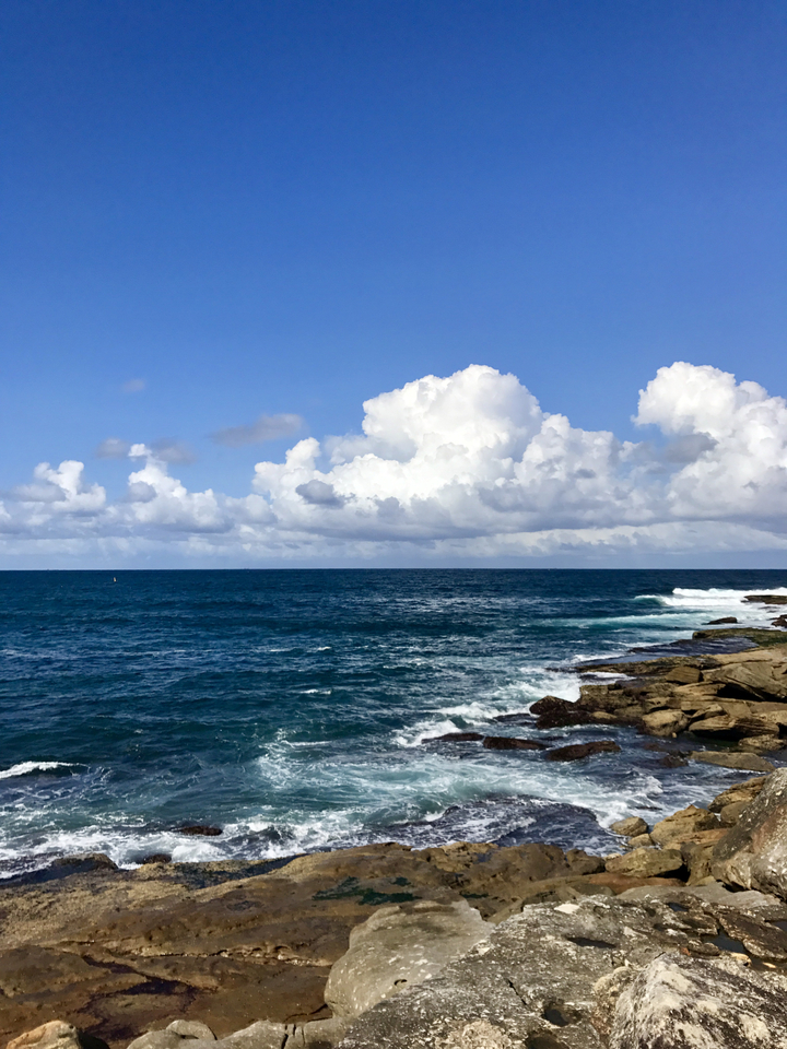 Ocean view with clouds and rocky shore.