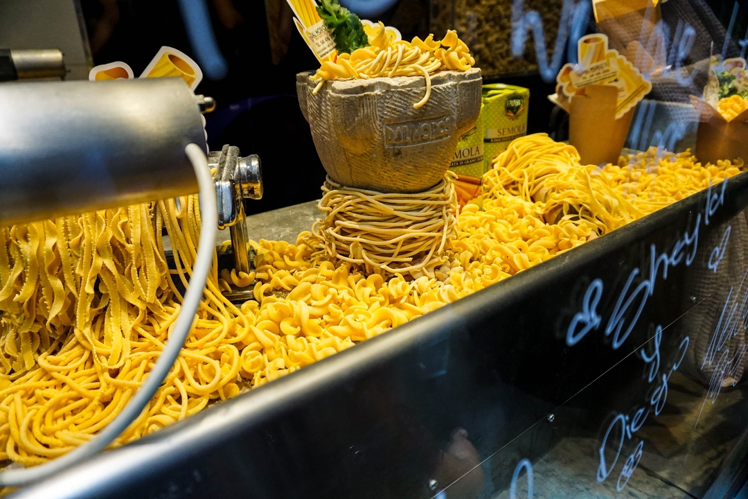 Close-up of pasta in a market or food shop.