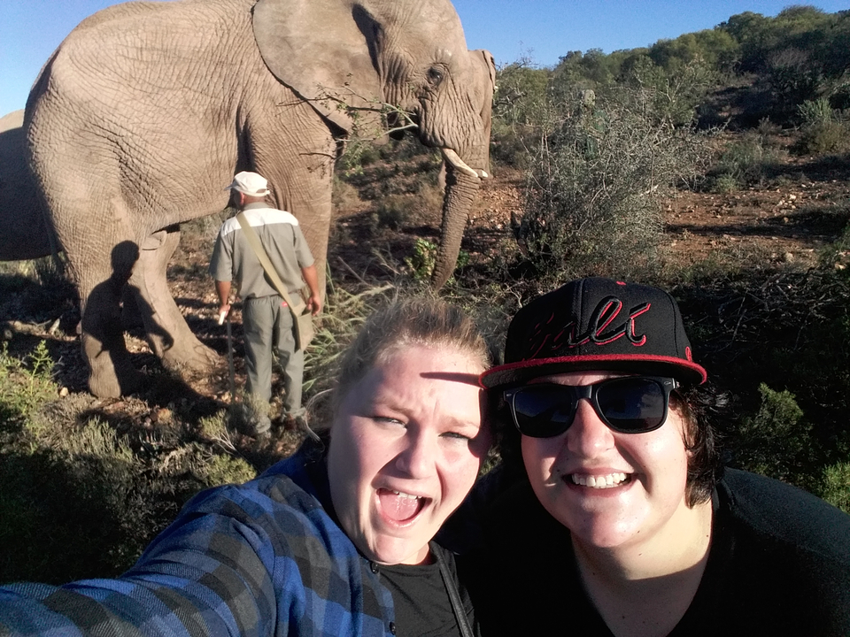 Un selfie avec deux personnes et un éléphant dans un environnement naturel.