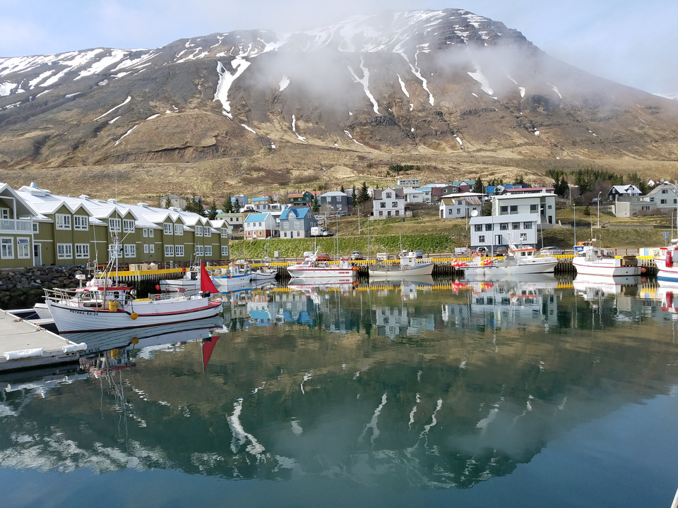 Colorful fishing boats reflect perfectly on calm harbour water beneath alpine slopes and quaint village houses.