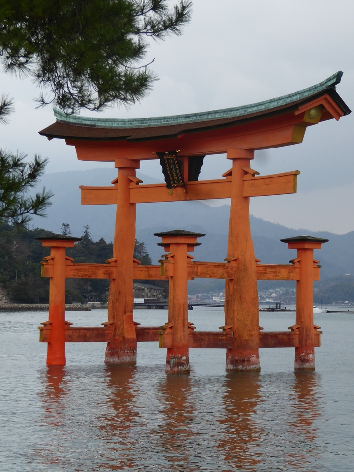 View of the iconic torii gate in water.