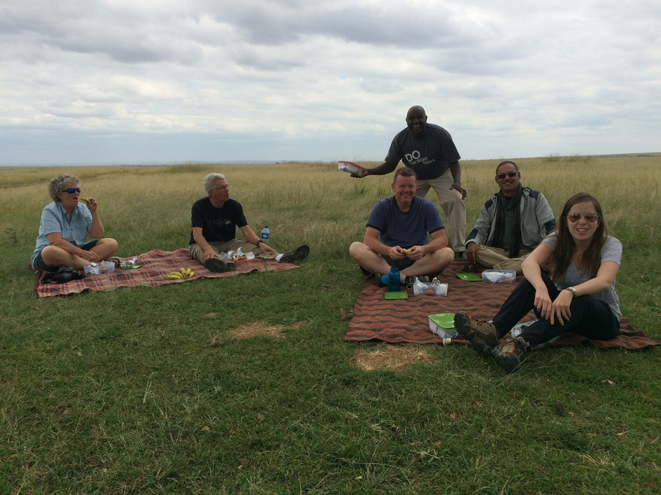 Groupe de personnes pique-niquant dans une prairie.