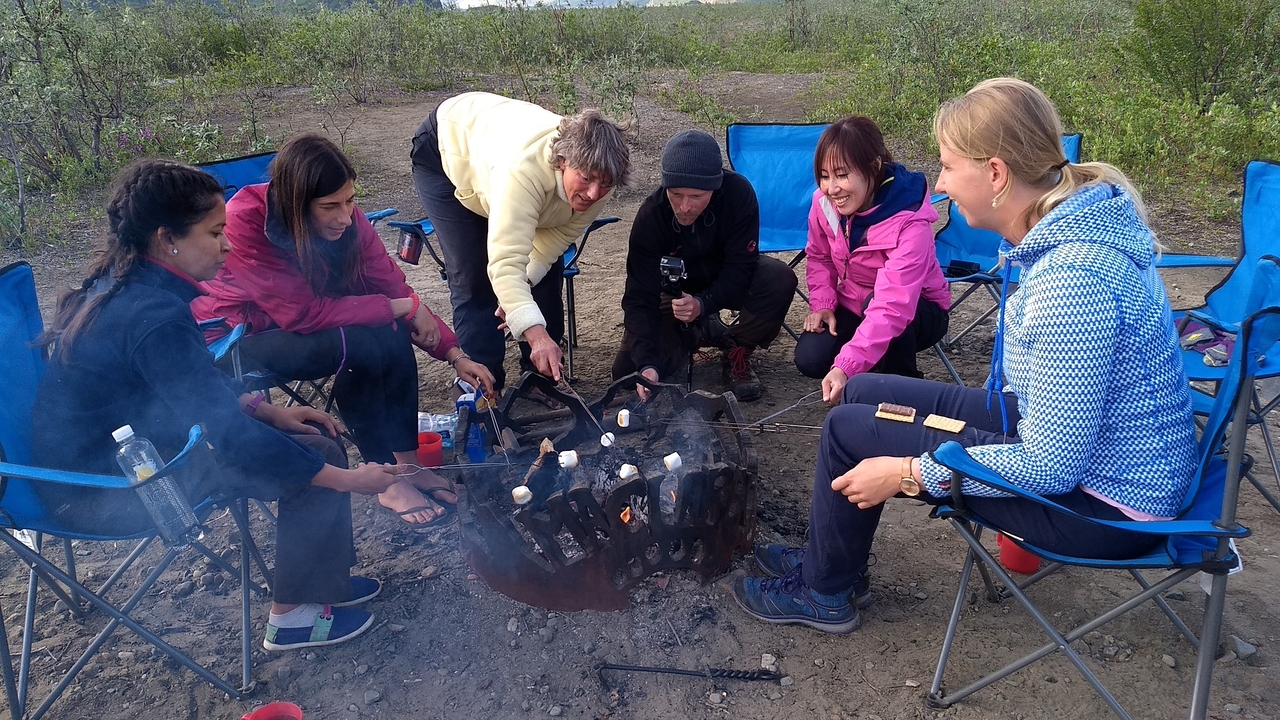 Groupe assis autour d'un feu de camp en train de griller des marshmallows.