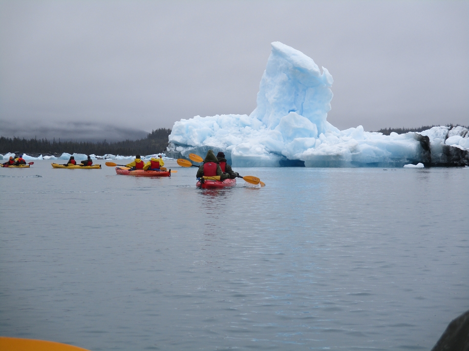 Groupe en kayak près d'un iceberg