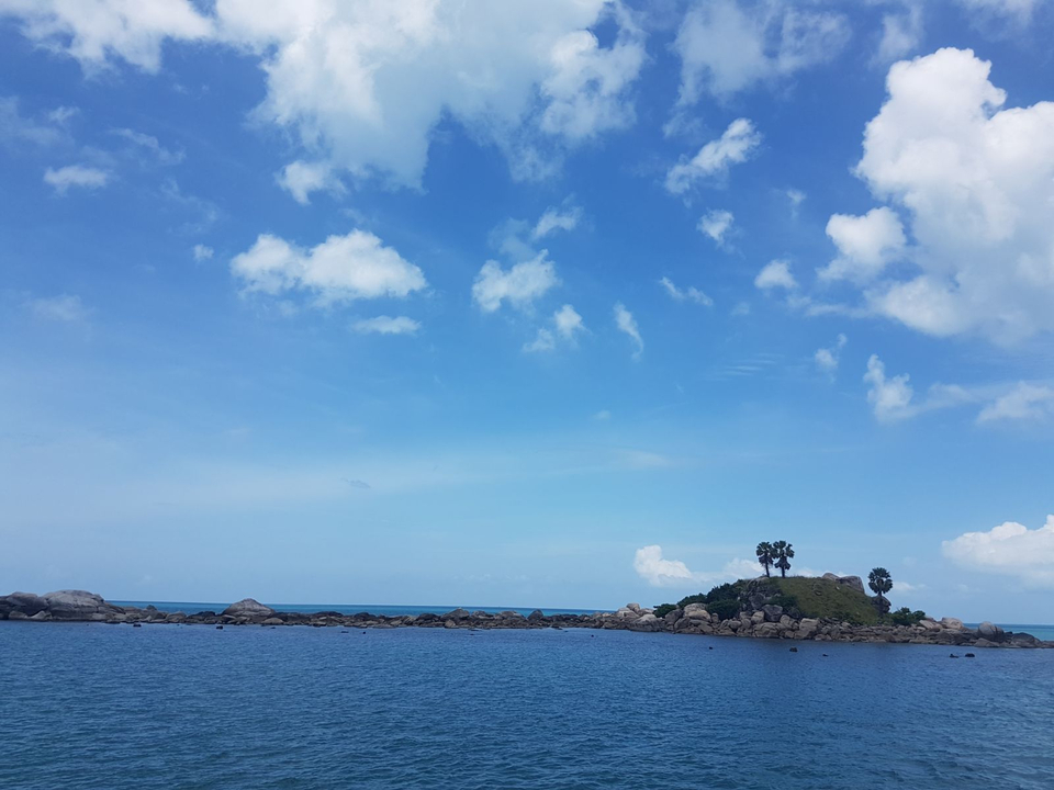 View of a small island with palm trees under a clear blue sky.