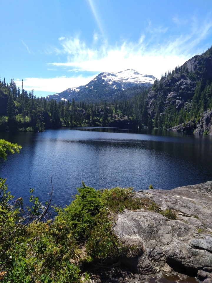 Vue panoramique d'un lac entouré de forêts et de montagnes.