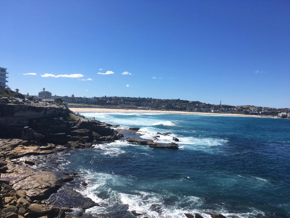 Coastal view with waves hitting the rocky shore.